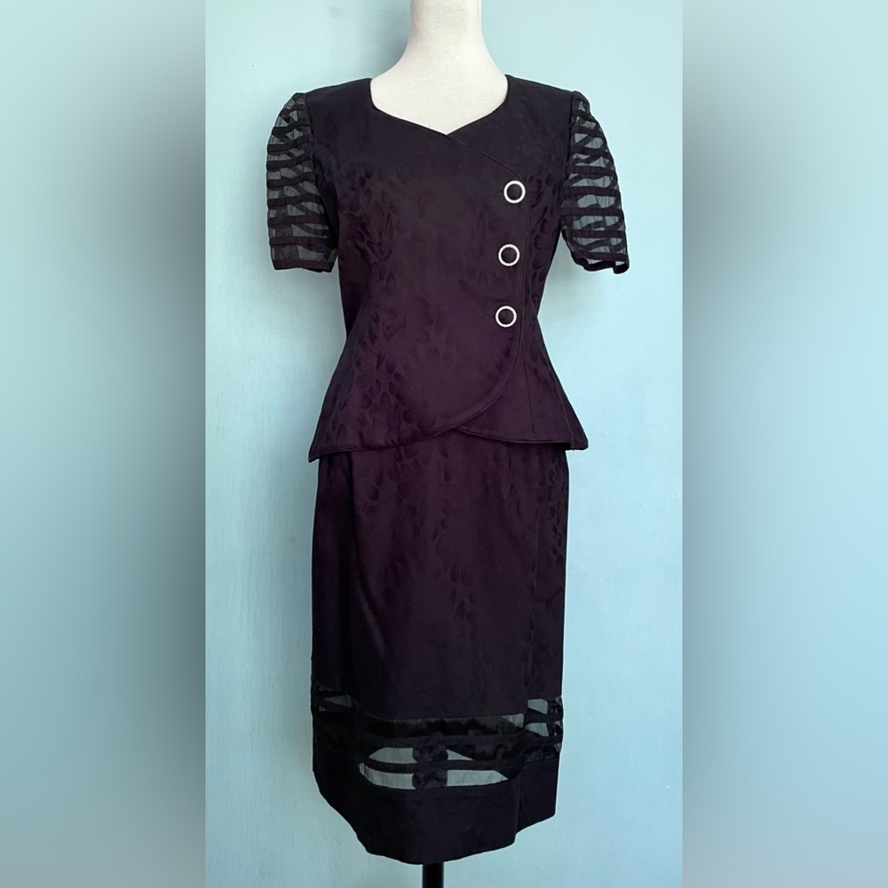 Vintage 80’s Rimini Short Sleeve Black Skirt Suit Size 8 Sheer Sleeves